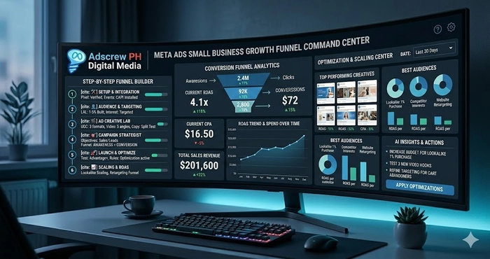 Step-by-step conversion funnel command center illustrating how to run Meta Ads for small business growth.