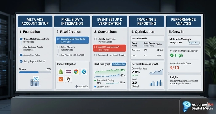 A step-by-step conversion tracking workflow showing proper Meta Ads account setup for small business growth.