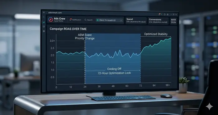 Data visualization of the 72-hour optimization lock and its impact on Meta AEM domain verification errors 2026 and campaign scaling.