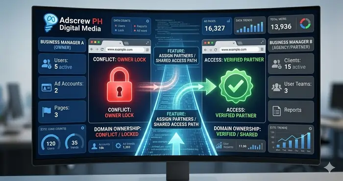 Infographic explaining how to resolve Meta AEM domain verification errors 2026 by sharing domain assets between Business Managers.