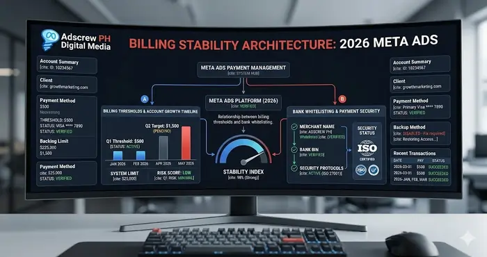 Adscrew PH billing stability architecture showing the relationship between billing thresholds and bank whitelisting for 2026 Meta Ads