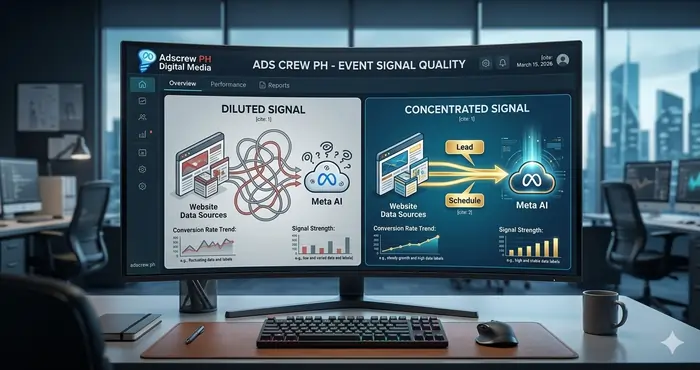 Diagram of Meta ads event priority for low volume accounts showing signal concentration vs dilution.