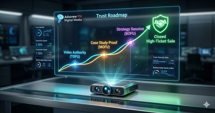 Cinematic visual of a full Meta Ads funnel structure for high-ticket services authority building.