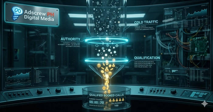 Technical 3D dashboard illustrating a Meta Ads Funnel Structure for High Ticket Services