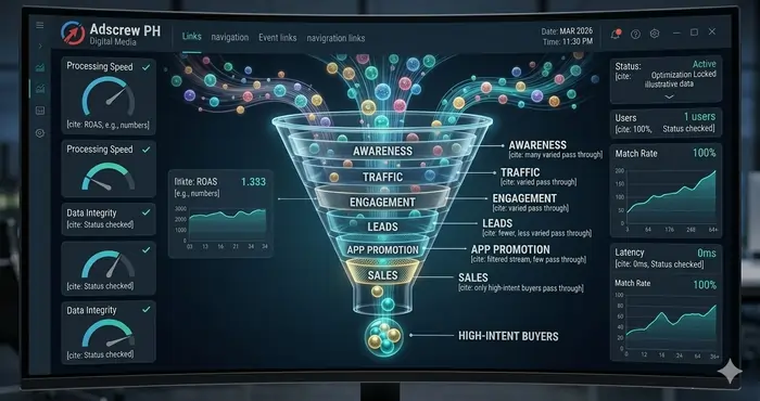 Illustration of how Meta Ads campaign objectives filter audience behavior for conversion optimization.