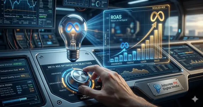 Technical diagram of selecting the correct Meta Ads campaign objectives for ROI scaling.