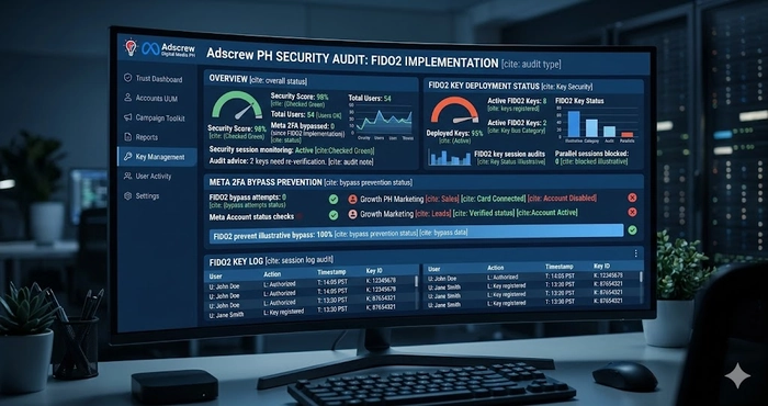 Adscrew PH security audit dashboard showing the implementation of FIDO2 hardware security keys for Meta 2FA bypass prevention