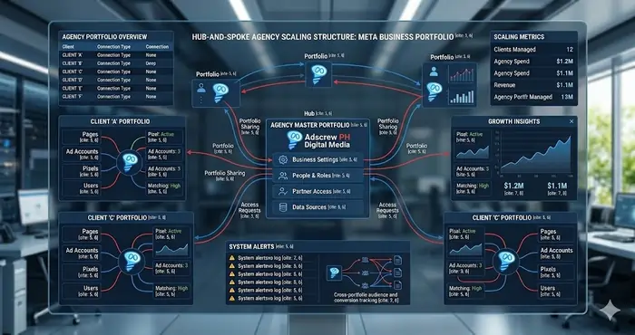Digital dashboard showing Meta Ads agency scaling metrics and CAPI signal quality