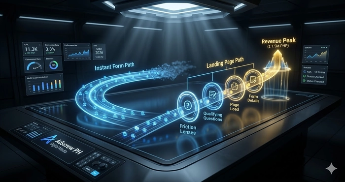 Cinematic holographic blueprint of a lead generation funnel showing how strategic friction on landing pages filters for higher lead quality. Meta Instant Forms vs Landing Page Lead Quality