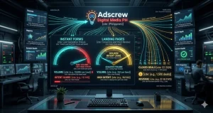 High-tech 3D dashboard visualizing the Meta Instant Forms vs Landing Page Lead Quality.