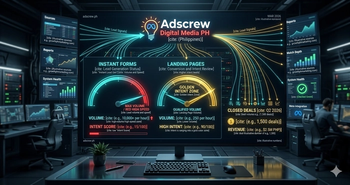 High-tech 3D dashboard visualizing the Meta Instant Forms vs Landing Page Lead Quality.
