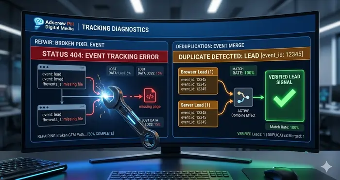 Diagnostic dashboard showing a Meta Pixel Helper 404 and duplicate event fix for stable tracking.