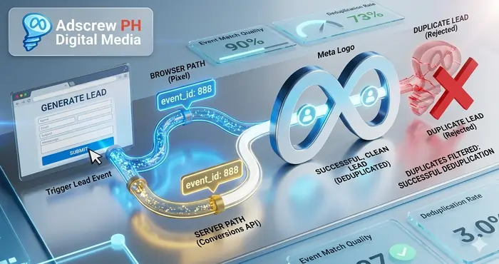 Technical diagram of Meta Pixel Helper 404 and duplicate event fix using event_id deduplication.