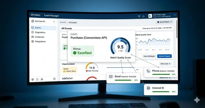 2026 Meta Event Manager dashboard mockup displaying a high Event Match Quality (EMQ) score of 9.5/10 and active deduplication for the Purchase event.