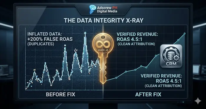 Comparison of Meta Ads reporting accuracy before and after a Meta Pixel deduplication error fix.