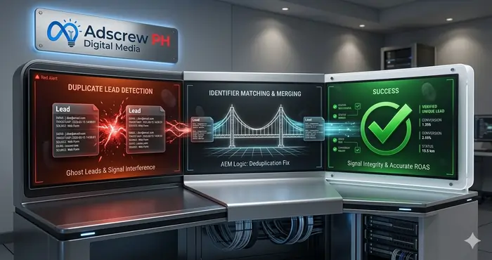 Technical diagram of Meta Pixel deduplication error fix merging browser and server signals.