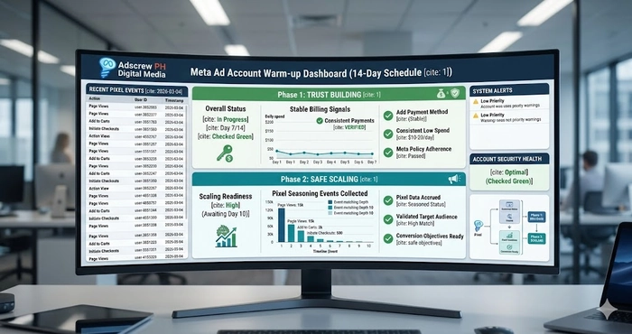 Adscrew PH dashboard view illustrating stable billing signals and pixel seasoning during a Meta ad account warm up
