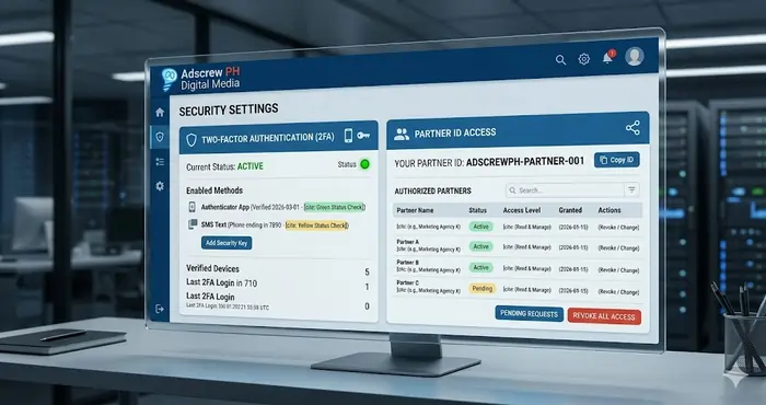 Adscrew PH security dashboard showing Two-Factor Authentication and Partner ID access settings
