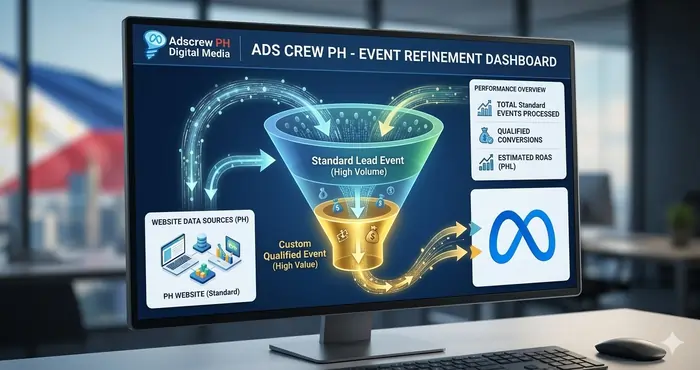 Diagram showing Meta custom events for non-e-commerce lead gen filtering high-quality leads.