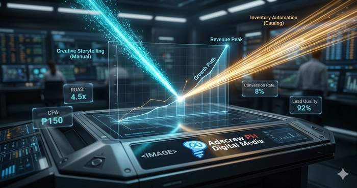 Cinematic visual of a hybrid scaling strategy map using Meta sales objective vs catalog sales for scaling for e-commerce growth.
