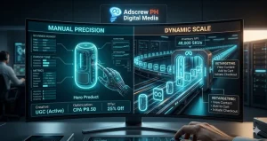 Technical 3D dashboard showing the integration of Meta Sales Objective vs Catalog Sales for Scaling.