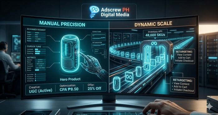 Technical 3D dashboard showing the integration of Meta Sales Objective vs Catalog Sales for Scaling.