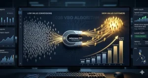 Infographic comparing standard conversion volume vs Meta value optimization strategy for high-ticket e-commerce scaling.