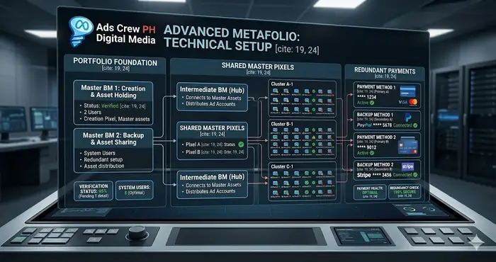 Adscrew PH technical setup for shared master pixels and redundant payment methods in Meta Business Portfolio