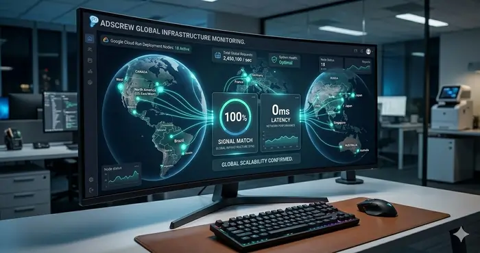 Technical infographic of a global Google Cloud Run deployment for a server-side Meta Pixel GTM container setup showing high-speed data transmission and 100% signal resilience.