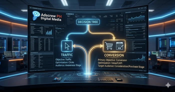 High-resolution digital dashboard showing the strategic choice between traffic and conversion objectives in 2026 Meta Ads.