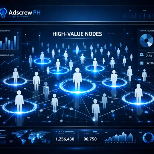 Vibrant neon network of interconnected human silhouettes highlighting high-value customer segments in a digital Meta Ads interface.