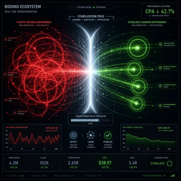 High-contrast digital dashboard showing overlapping red warning zones being replaced by clean, pulsing green circles after applying audience exclusions.