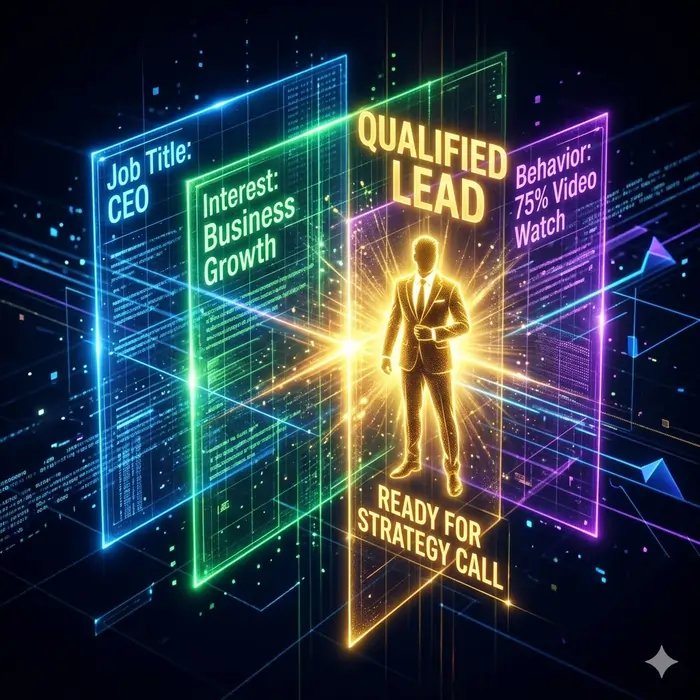 Vibrant holographic infographic showing the stacking of targeting signals like job titles and video engagement to identify high-intent service leads for 2026 Meta Ads campaigns.