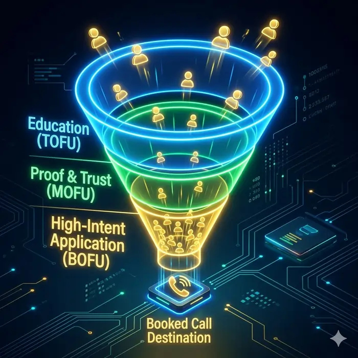 Vibrant neon 3D funnel showing audience layering for service-based Meta ads with distinct TOFU education, MOFU trust building, and BOFU application stages.