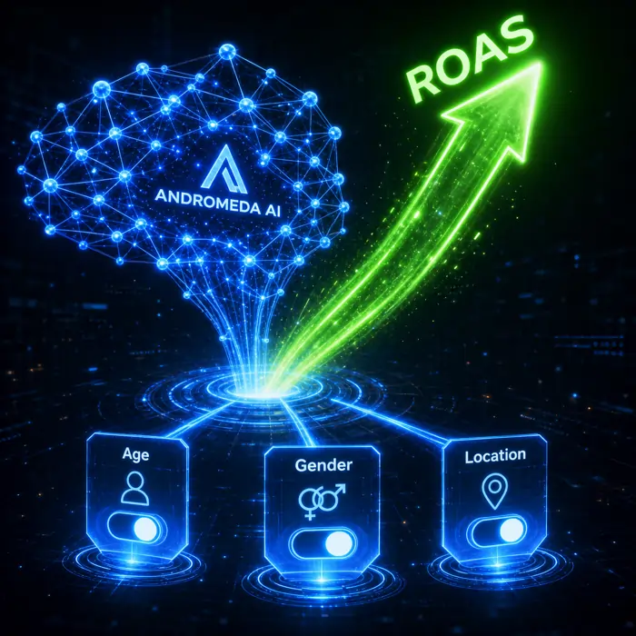 Vibrant 3D electric blue AI brain optimizing broad targeting best practices for cold traffic through simplified Meta Ads demographic controls.