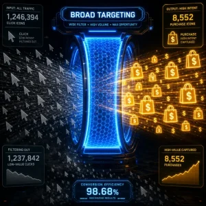 Vibrant digital dashboard showing broad targeting best practices for cold traffic by filtering golden conversion signals from gray noise.
