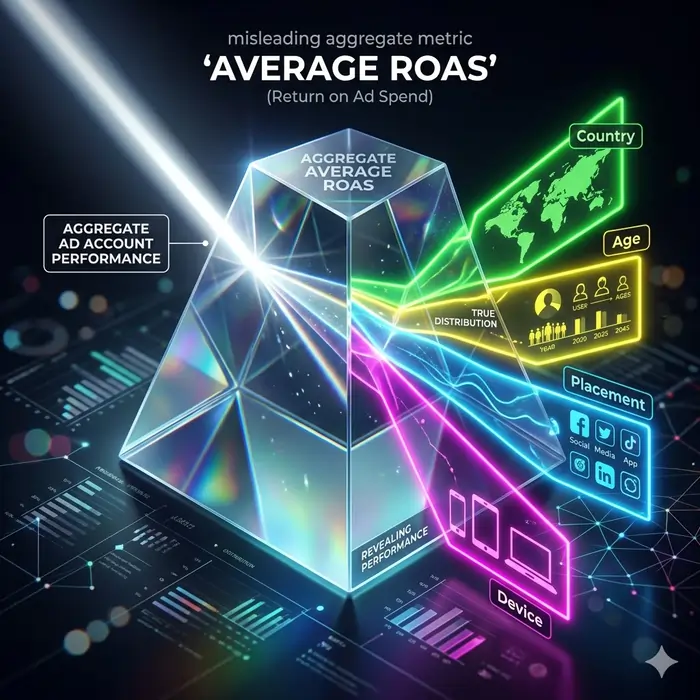 High-contrast 3D visualization showing an average metric refracting into distinct performance breakdown data layers like country and placement.