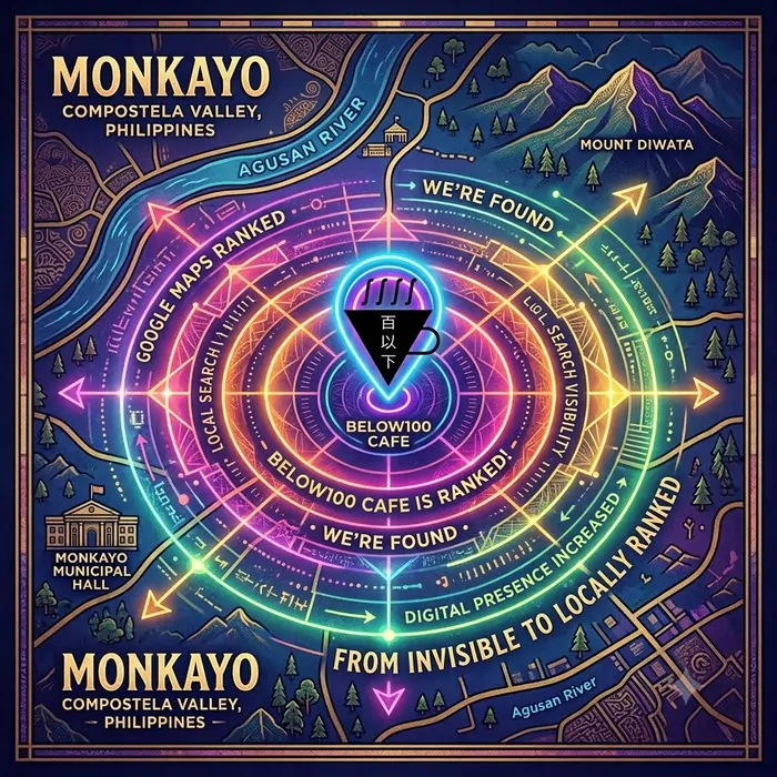 A high-resolution, artistic graphic showing a stylized map of Monkayo. A bright, neon-colored pin marks the cafe's location, surrounded by radiating waves of "digital visibility" to represent the successful transition from invisible to locally ranked.