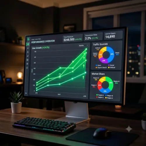 Vibrant analytics dashboard showing rising traffic and conversion metrics