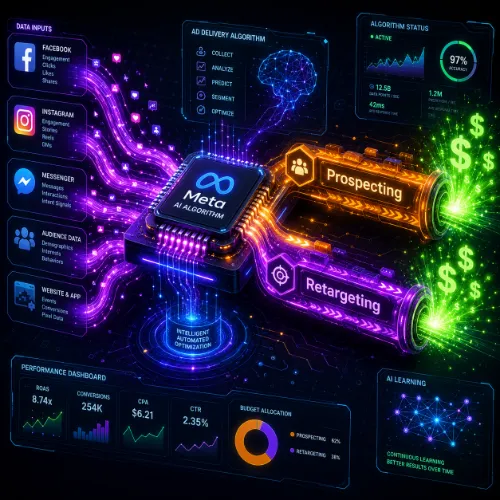 3D visualization of Meta Advantage Plus algorithm automatically sorting audience data streams into prospecting and retargeting pipelines for e-commerce.