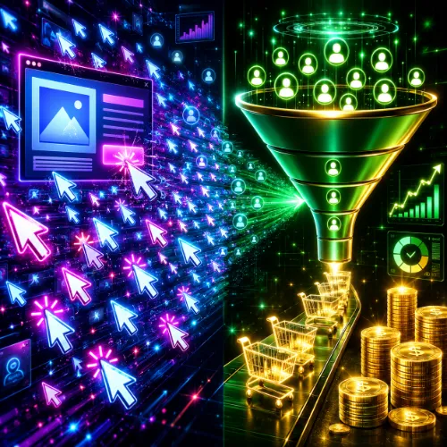 Vibrant split screen comparing traffic vs conversion ads, showing high-volume cheap clicks on the left and high-value shopping carts generating revenue on the right.